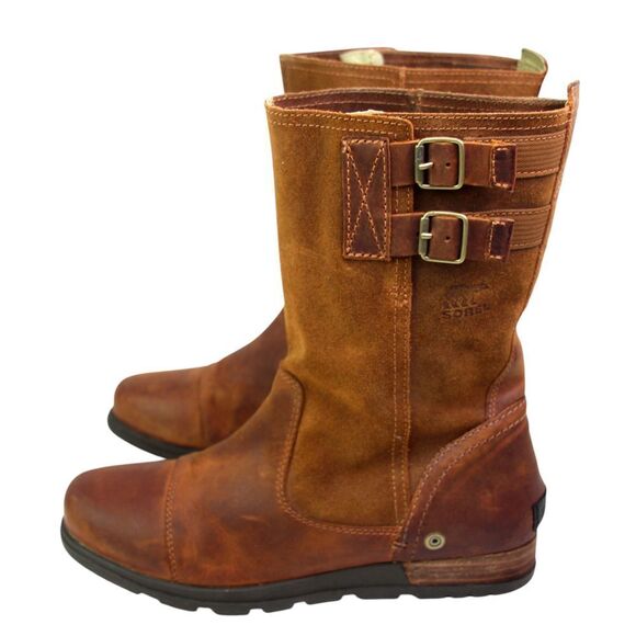 Sorel BROWN GENUINE LEATHER LOW HEEL ROUND TOE FLAT BUCKLE BELTED BOOTS Sz 8 - Picture 4 of 14